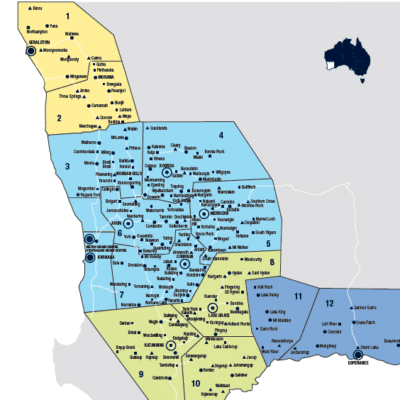 Geographic map of WA displaying grain sites with colour coding to separate sections